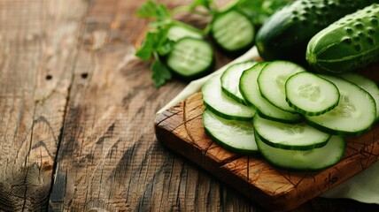 Wall Mural - Freshly sliced cucumbers displayed on wooden board