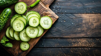 Wall Mural - Fresh cucumber slices on wooden cutting board