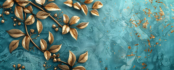 Poster - 3d wallpaper background in teal color with golden leaves and marble texture,


