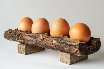 A wooden stand with uncooked chicken eggs on a blank surface.