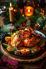 Wall Mural - Freshly cooked roasted chicken served with boiled potatoes on a table