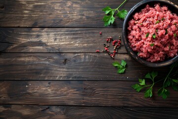 Poster - A top-down view of a bowl filled with fresh ground meat, surrounded by parsley and peppercorns on a rustic wooden table with ample copy space