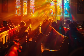 Wall Mural - A congregation of people prays in church pews, illuminated by the colorful light of stained glass windows