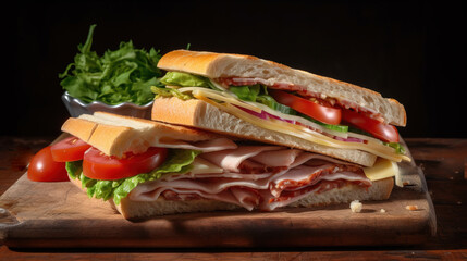 Wall Mural - Fresh sandwich with ham, cheese, tomatoes, fast food on plate in wrapping paper. AI generated.