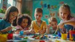 © Daria Lukoiko - Enthusiastic children from different nationalities bonding over a creative art project, joy and excitement, highlighting the importance of diversity, teamwork, and playful learning in education