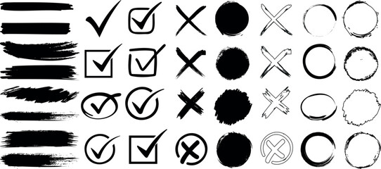 Wall Mural - hand drawn check mark, cross, circle brush strokes, grunge style icons, black ink design elements ve