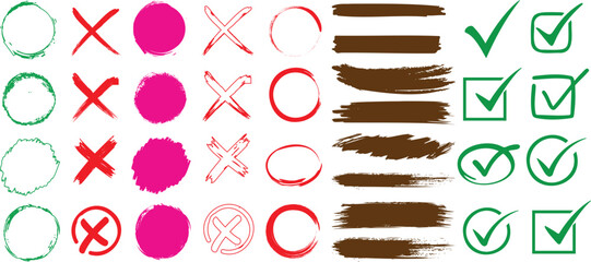 Wall Mural - hand drawn check mark, cross,colorful circle brush strokes, circular icon vector design element grun