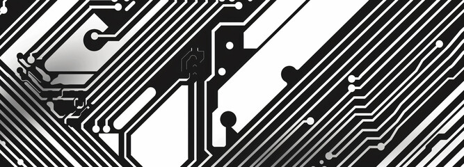 Black and white circuit board pattern background with stripes, tech banner design for web or print. Black technology geometric line art on a white backdrop. 