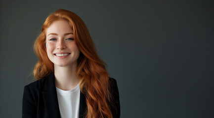 attractive female red head smiling, wearing black blazer and white tshirt on the right side of frame, long hair with soft waves falling over shoulders, standing in front of dark grey background