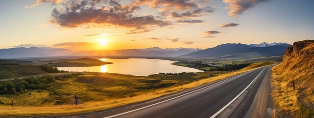 panorama of the road at sunrise. Travel concept. time to travel beautiful panoramic landscape. asphalt road