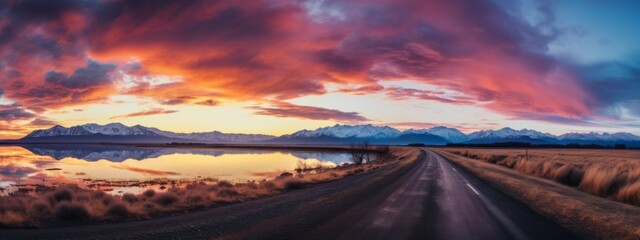 panorama of the road at sunrise. travel concept. time to travel beautiful panoramic landscape. aspha