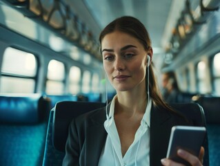 A young businesswoman goes to work on public transport on her way to work and he listens to music or a podcast on headphones. A business trip. Public transport, train, bus, commuter train.