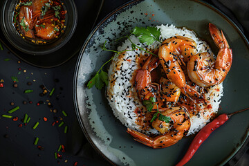 a plate of food with shrimp and rice