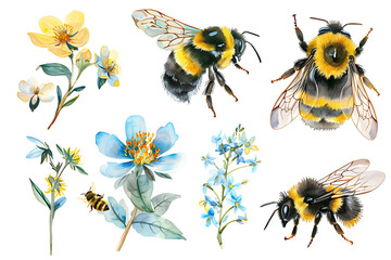 Watercolor painting realistic set Bee on white background. Clipping path included.