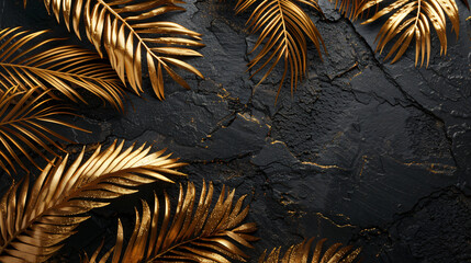 Wall Mural - Gold palm leaves on a black background, shown from above. Tropical plants styled in the manner of gold leaf on a dark concrete textured background. 