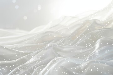 Wall Mural - a flowing white fabric drapes across a white backdrop, illuminated by soft light and subtle sparkles