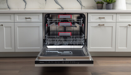 An open, ready-to-use dishwasher integrated into a modern kitchen layout, emphasizing practicality and the blend of contemporary design elements with technological conveniences in domestic life.