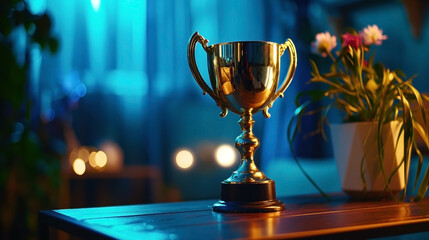 Close-up of a golden trophy cup on a wooden table with a potted plant in a dimly lit and bokeh background.