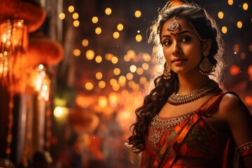 Photo portrait of a Navaratri night scene with a single dancer in traditional attire under festive lights