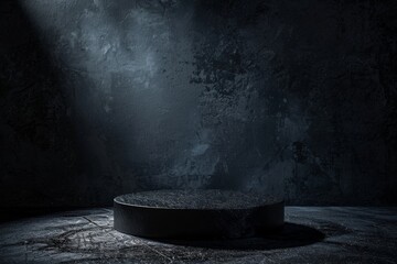 Wall Mural - a sleek black podium is illuminated by a dramatic spotlight in a dark studio setting. the background