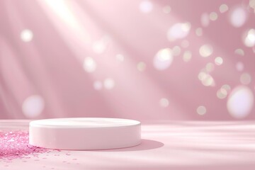 Wall Mural - a sleek white cylindrical podium sits on a soft pink gradient backdrop with gentle bokeh lights