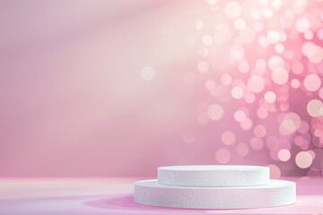 Wall Mural - a white cylindrical podium sits on a soft pink gradient background, with gentle bokeh in the backgro