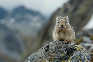 Canvas Print - A collared pika in the Talkeetna Mountains sits atop a rock on a talus slope above Hatcher Pass in Alaska. Collared pika are threatened by climate change and warming temperatures.