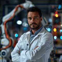 portrait of male worker on robotic arm factory