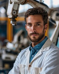 Wall Mural - portrait of male worker on robotic arm factory