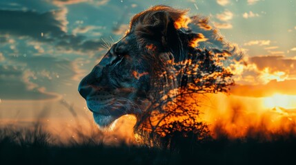 Double exposure of a lion and sunset landscape creating a surreal and artistic nature scene with vibrant colors and intricate details.