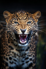 Sticker - Angry Leopard portrait with its mouth open and big tooth on dark background