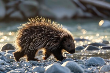 Wall Mural - A porcupine walking along the river rocks on a gravel bar of the Resurrection River in Alaska while backlit against the water