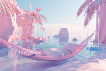 Hammock under palm trees on a tropical island vacation. Pink color design. crystal clear water, and a sunny sky, perfect for relaxation and escape. Abstract and surreal background.