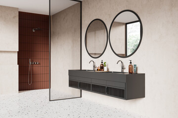 Sticker - Beige hotel bathroom interior with double sink, shower and panoramic window