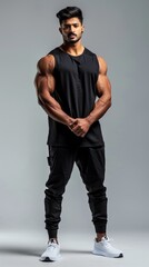 Wall Mural - A muscular Indian man poses in black fitness attire