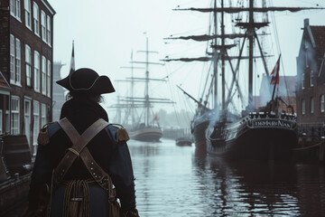 Wall Mural - A man in a pirate costume stands on a dock next to a large ship