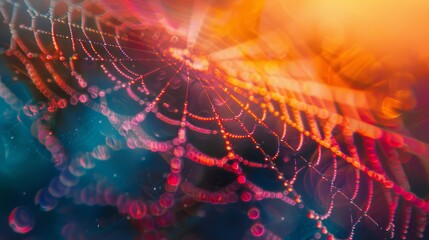 Vibrant close-up of a spider web covered in dew drops reflecting colorful light. Macro photography capturing nature's intricate details.