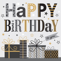 Canvas Print - Happy birthday card design with gifts  text and stars