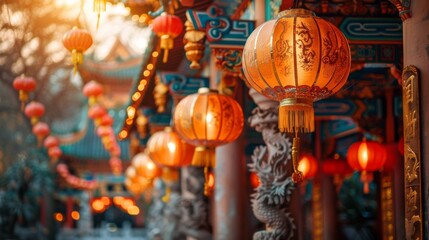 Traditional Chinese Lanterns Hanging in a Temple at Sunset with Ornate Architectural Details