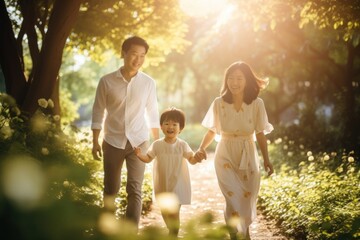 Portrait outdoors walking family.