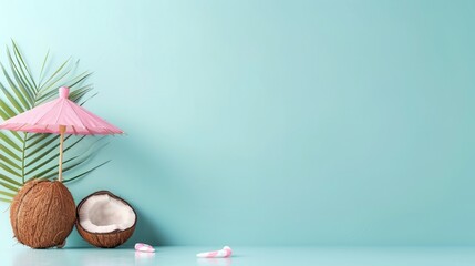 Poster - Summer Tropical Coconut and Palm Leaf with Pink Umbrella on Blue Background.