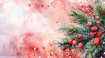 Wall Mural - A watercolor painting of a Christmas tree with red berries