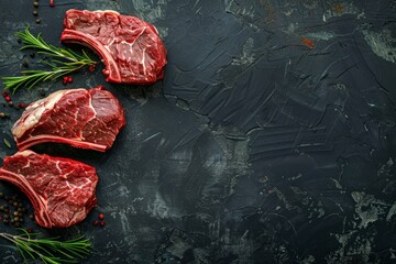 Poster - Close-up of raw marbled meat steak Ribeye on black rustic stone background ready for cooking, roasting, grill or BBQ party, top view. Meat restaurant concept