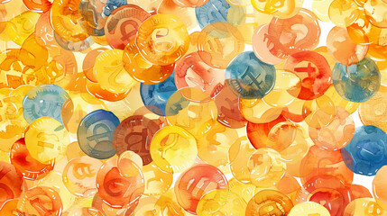 Canvas Print - A painting of many different colored coins, some of which are yellow