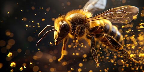 Get a close-up shot of a bee collecting pollen, emphasizing the texture of its wings and the tiny pollen grains 