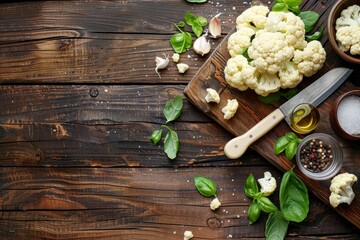 Wall Mural - Fresh organic cut cauliflower on wooden cutting board with kitchen knife, ready to be cooked, top view with copy space. Vegetarian food, clean eating concept with free space for text.