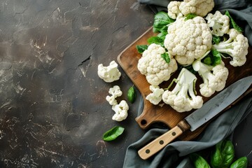 Wall Mural - Fresh organic cut cauliflower on wooden cutting board with kitchen knife, ready to be cooked, top view with copy space. Vegetarian food, clean eating concept with free space for text.