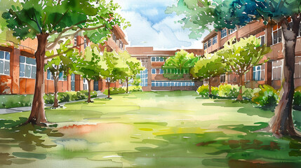 Wall Mural - A painting of a school courtyard with trees and buildings