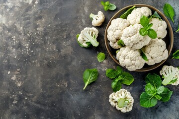 Wall Mural - Fresh whole organic white cauliflower on dark stone vintage background table, ready to be cooked, top view with copy space. Vegetarian food, clean eating concept .