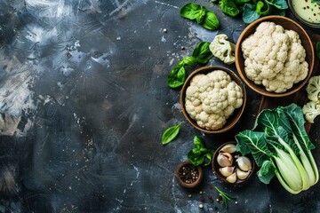 Wall Mural - Fresh whole organic white cauliflower on dark stone vintage background table, ready to be cooked, top view with copy space. Vegetarian food, clean eating concept .